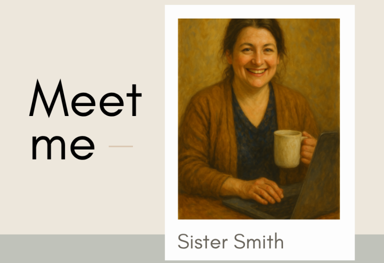 sister smith writing nurse trivia Sister Smith holding a mug, seated at a table with a laptop.