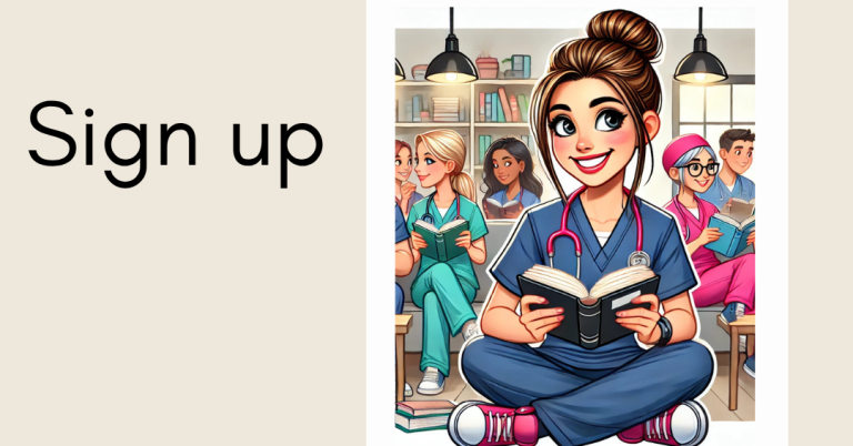 sister Smith books nursing gifts nursing stories A smiling nurse in scrubs reads a book, surrounded by diverse healthcare professionals.