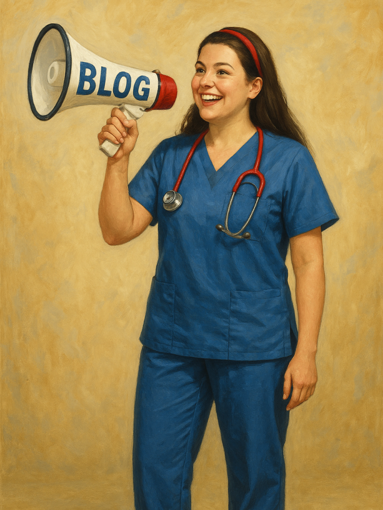 Real nursing stories and blogs Sister Smith A healthcare professional in scrubs holding a megaphone, promoting a blog.