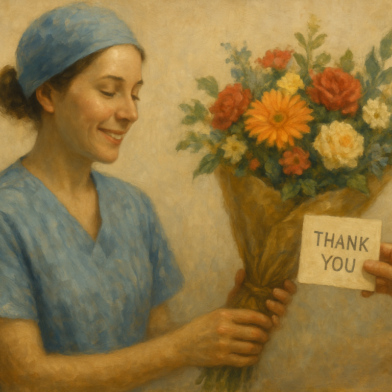 Nursing gifts A smiling healthcare worker receives a bouquet of flowers with a "Thank You" note.